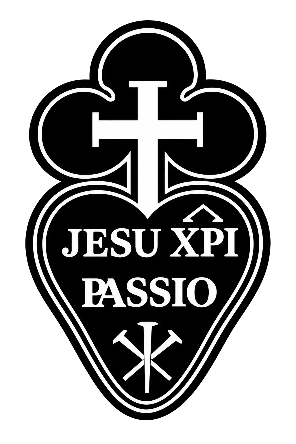Escudo pasionista con Cruz blanca, las palabras Jesu XPI Passio y tres clavos